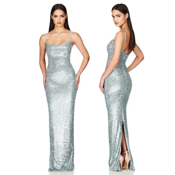 Nookie Lovers Nothings Sequin Maxi Gown Back Slit Adjustable Strap Mint Size M